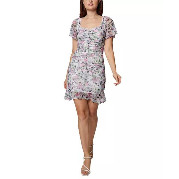 BCBGENERATION RUCHED MESH FLORAL MINI DRESS IN GARDEN‎ NWT WOMEN'S SIZE 16 - Picture 1 of 16